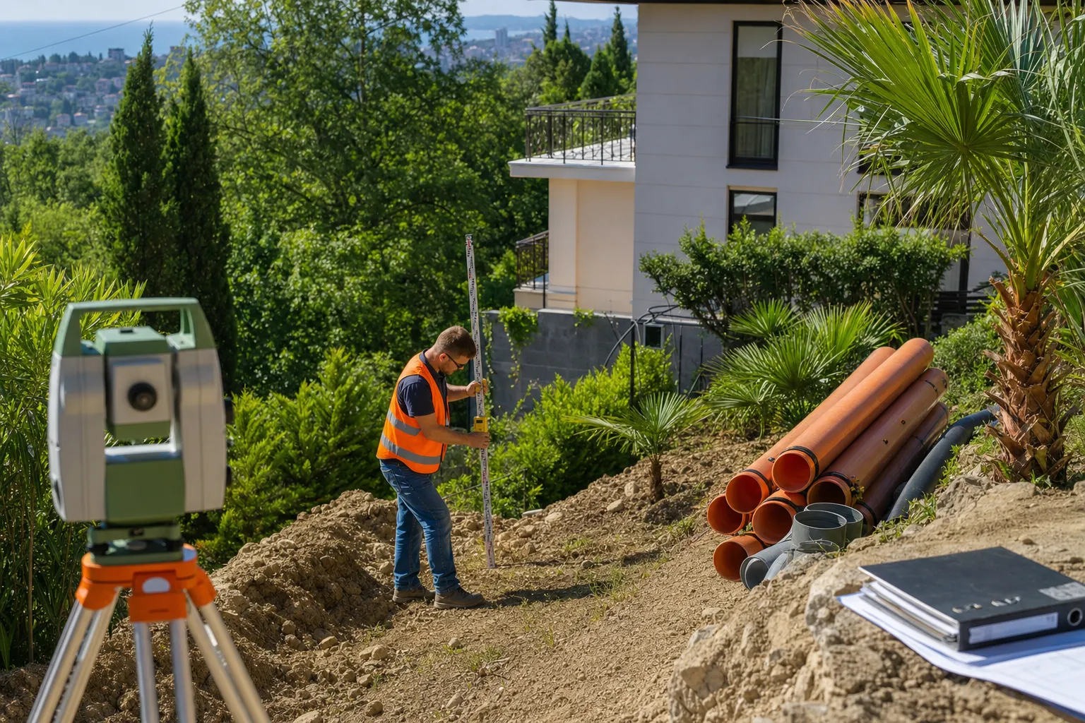 Инженер измеряет отметки участка и будущей трассы коммуникаций в Сочи