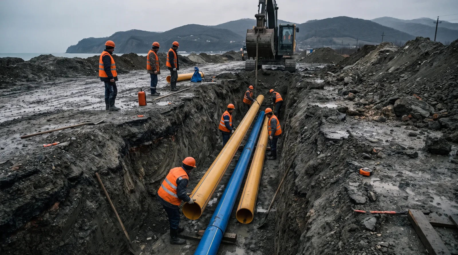 Прокладка газовых и водопроводных труб в траншее рабочими компании ИНЖКОМГИД